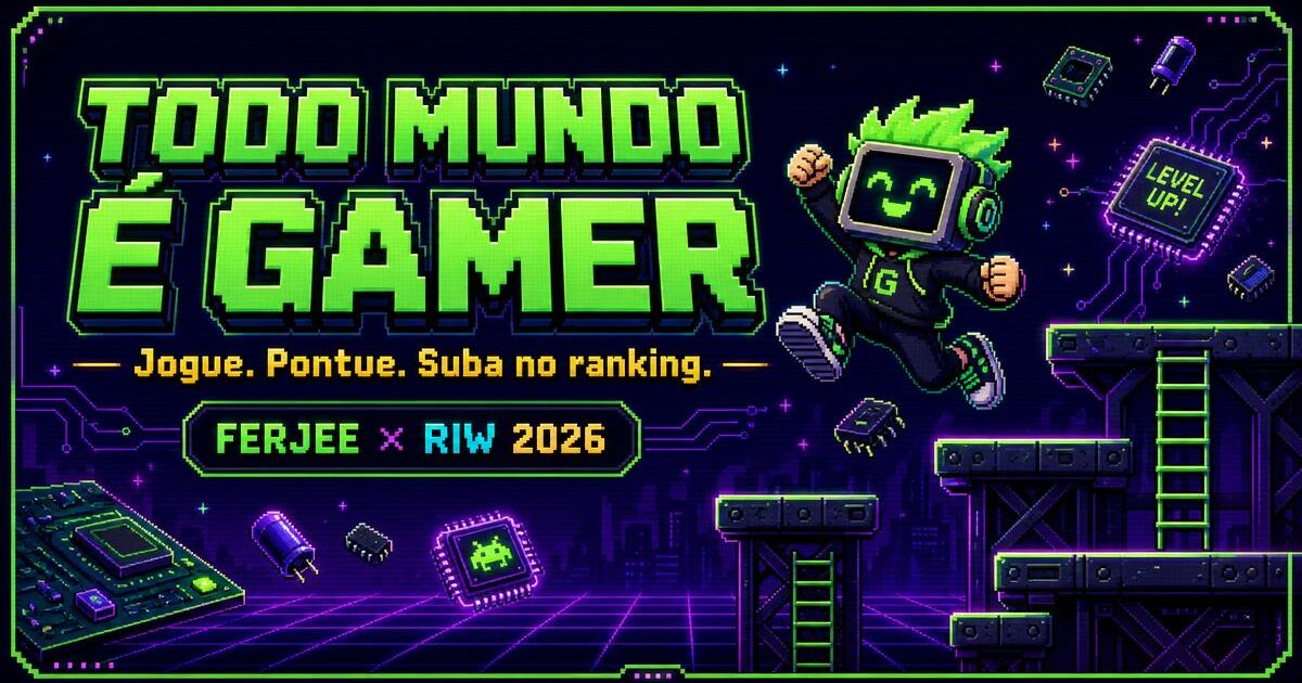 Mascote da FERJEE saltando entre plataformas neon com componentes XPG, arte pixel art do Todo Mundo é Gamer